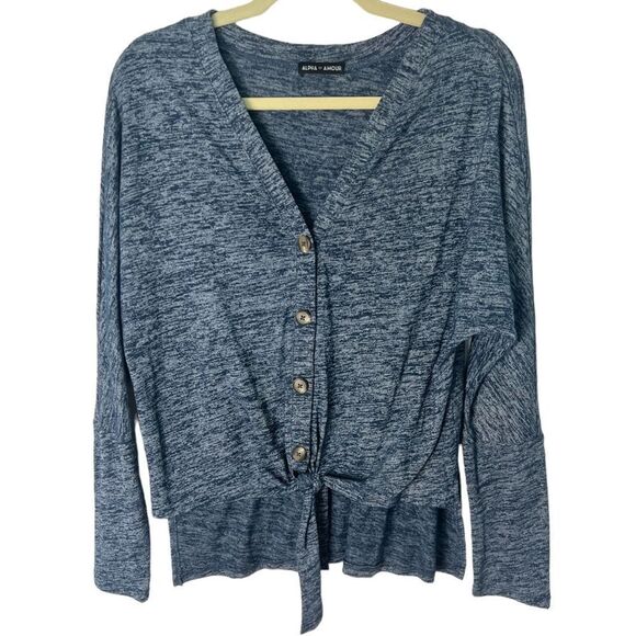 Alpha Amour Slouchy Fit Heathered Blue Tie Front Shirt - Picture 1 of 9